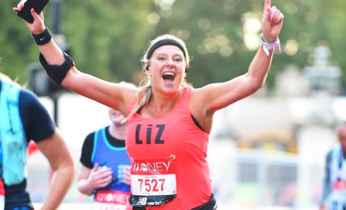 Liz Mawybey running a marathon to fundraise for Shout finish line.png